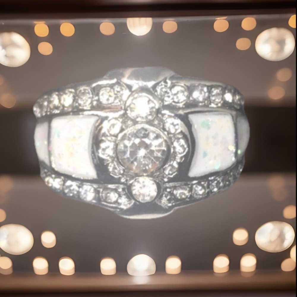 Art Deco Fire White Opal Sterling Silver Lined W/Sparkling Diamonds On This Ring